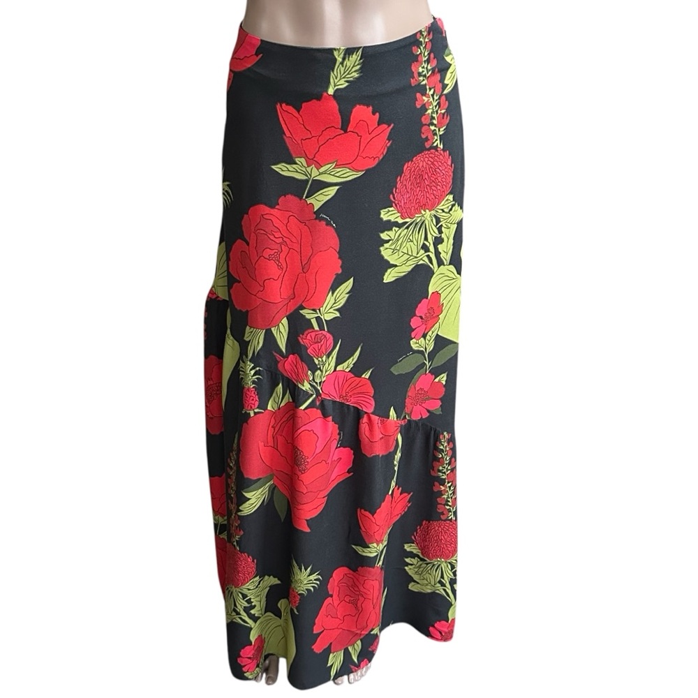 Farm Rio Floral Maxi Slip Skirt Asymmetrical Ruffle Red Black Small S - Picture 6 of 11